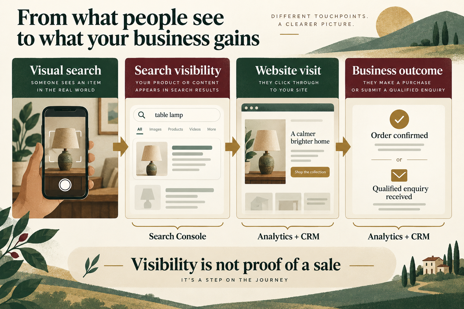 Conceptual journey from visual search to Search Console visibility, website visits and business outcomes measured with analytics and CRM