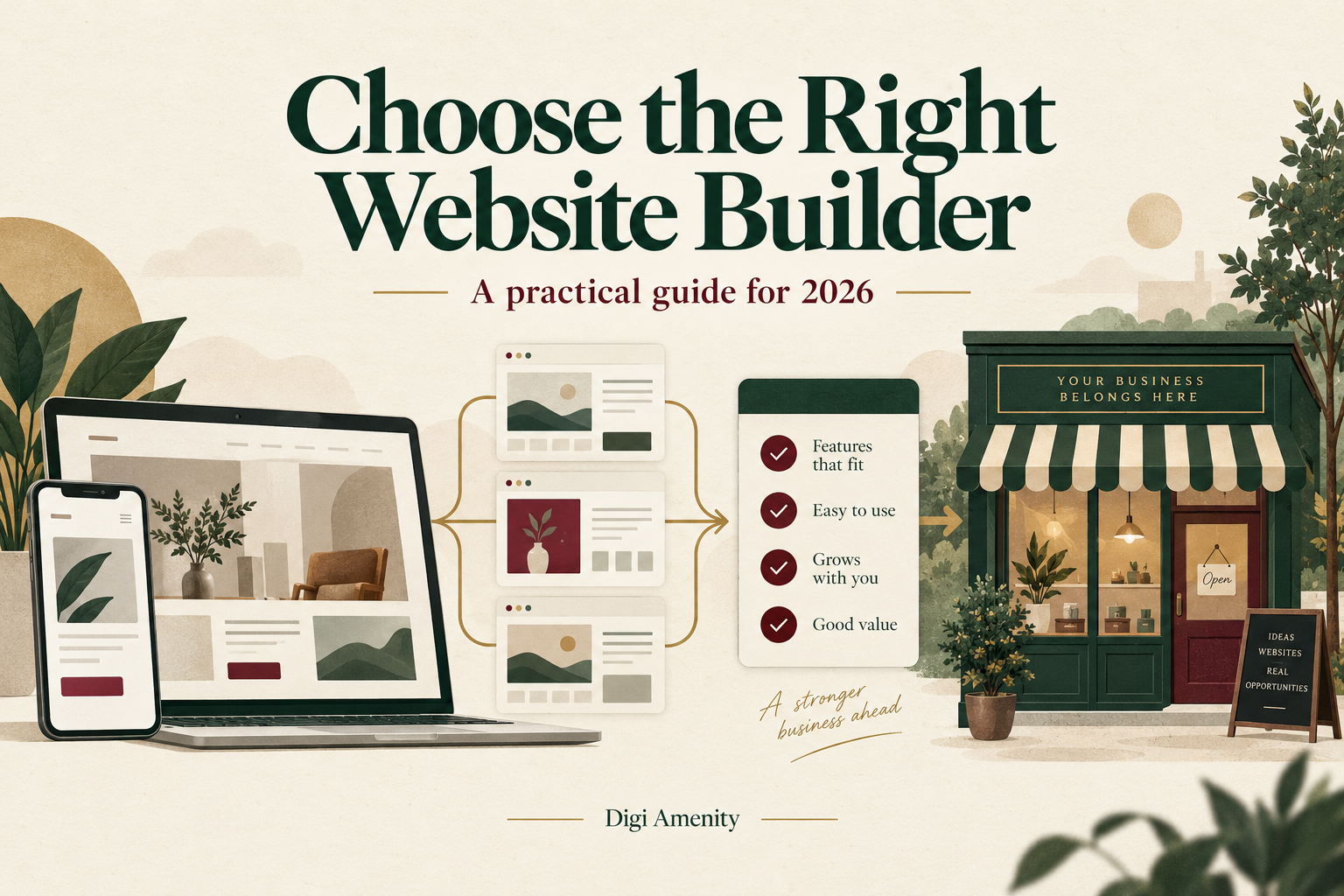 Laptop, mobile website layouts and a checklist illustrating website builder selection for a small business.