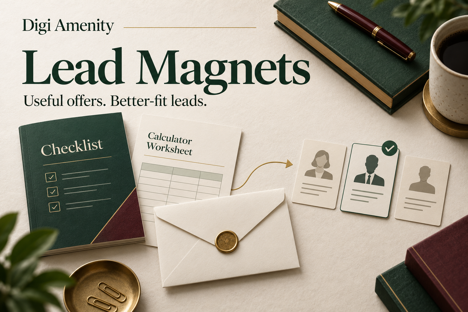Lead magnet checklist and calculator worksheet leading to a suitable prospect, with Digi Amenity name-only branding.