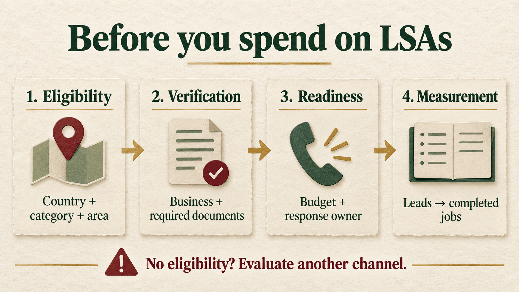 Four LSA readiness stages: eligibility, verification, response readiness and measurement from leads to completed jobs.