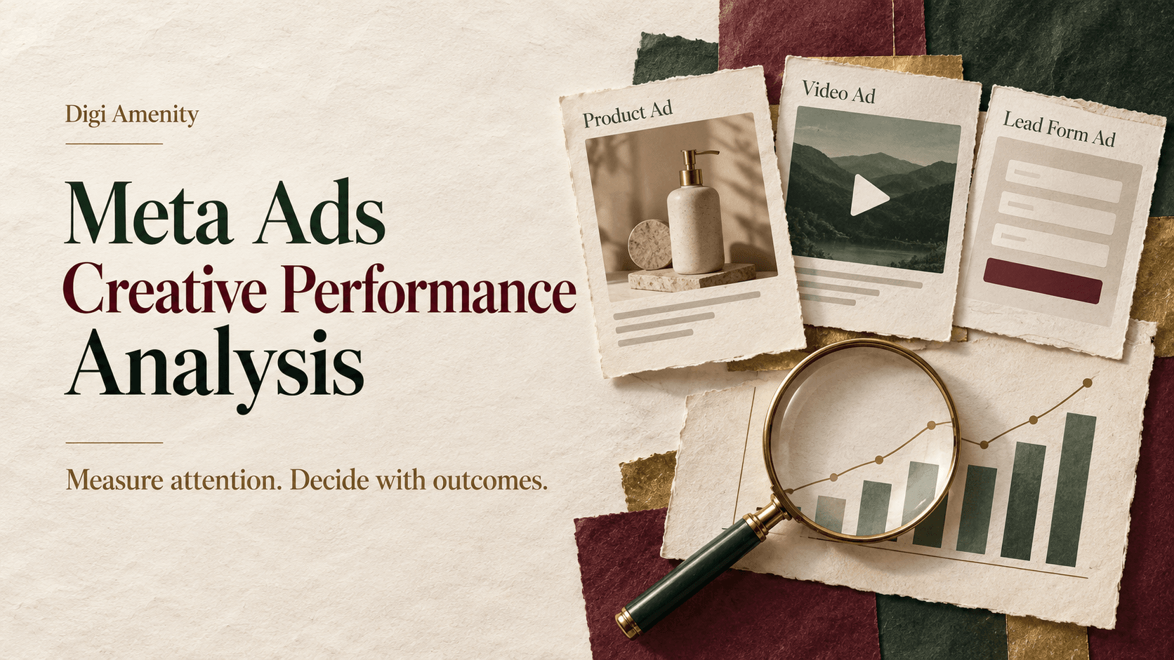 Meta Ads Creative Performance Analysis cover showing product, video and lead-form ad cards beside a magnifying glass and chart.