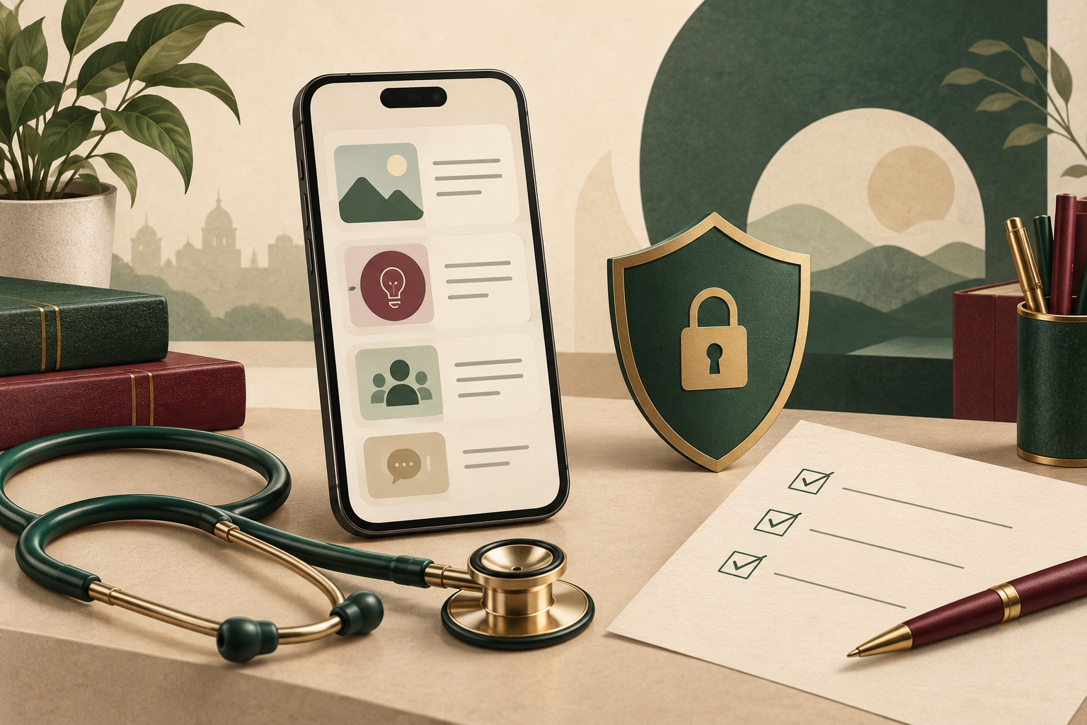 Editorial illustration of a smartphone, stethoscope and privacy shield representing ethical doctor social media communication.