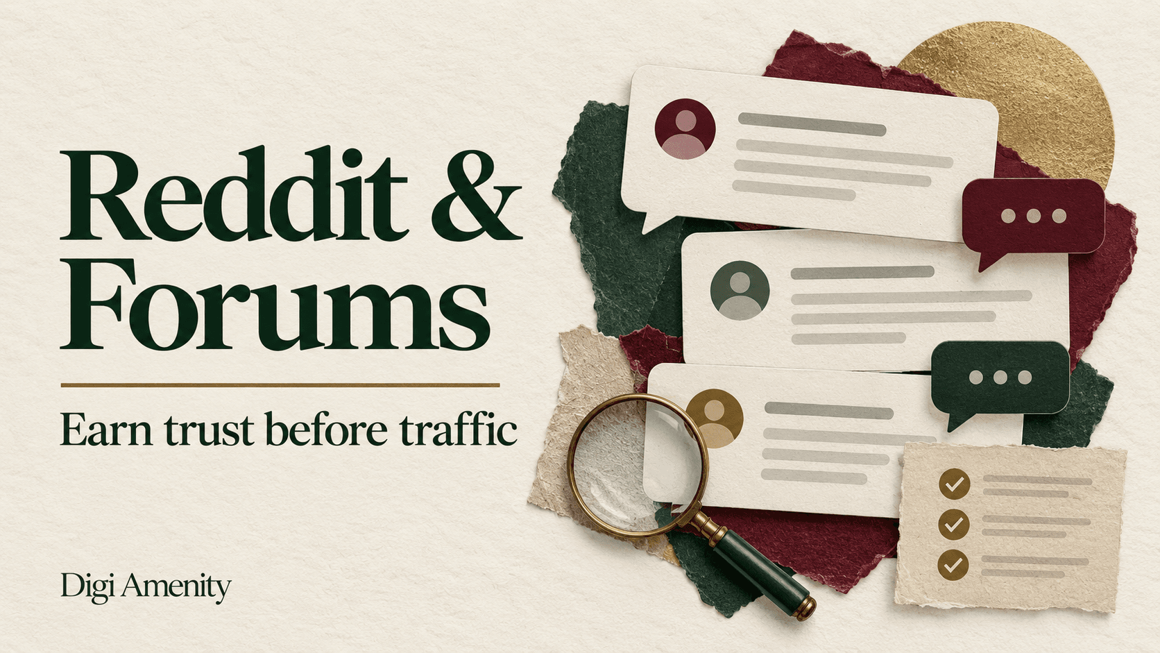 Reddit and forum discussion cards with a magnifying glass, illustrating useful and trustworthy brand participation.