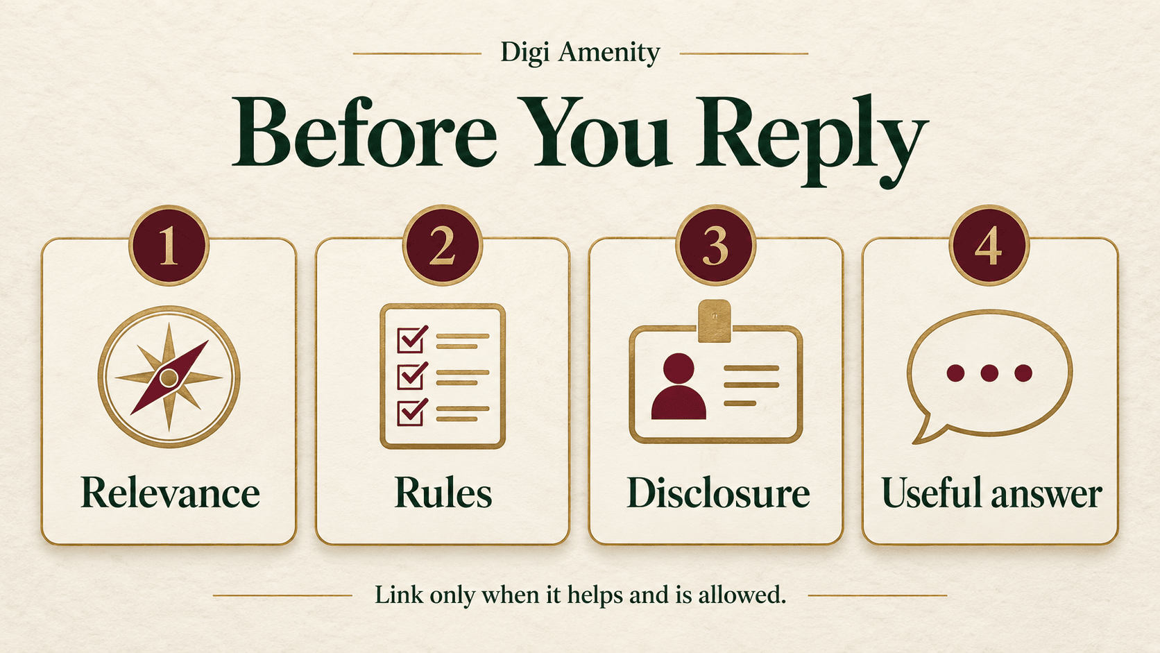 Four checks before replying in a community: relevance, rules, disclosure and a useful answer.