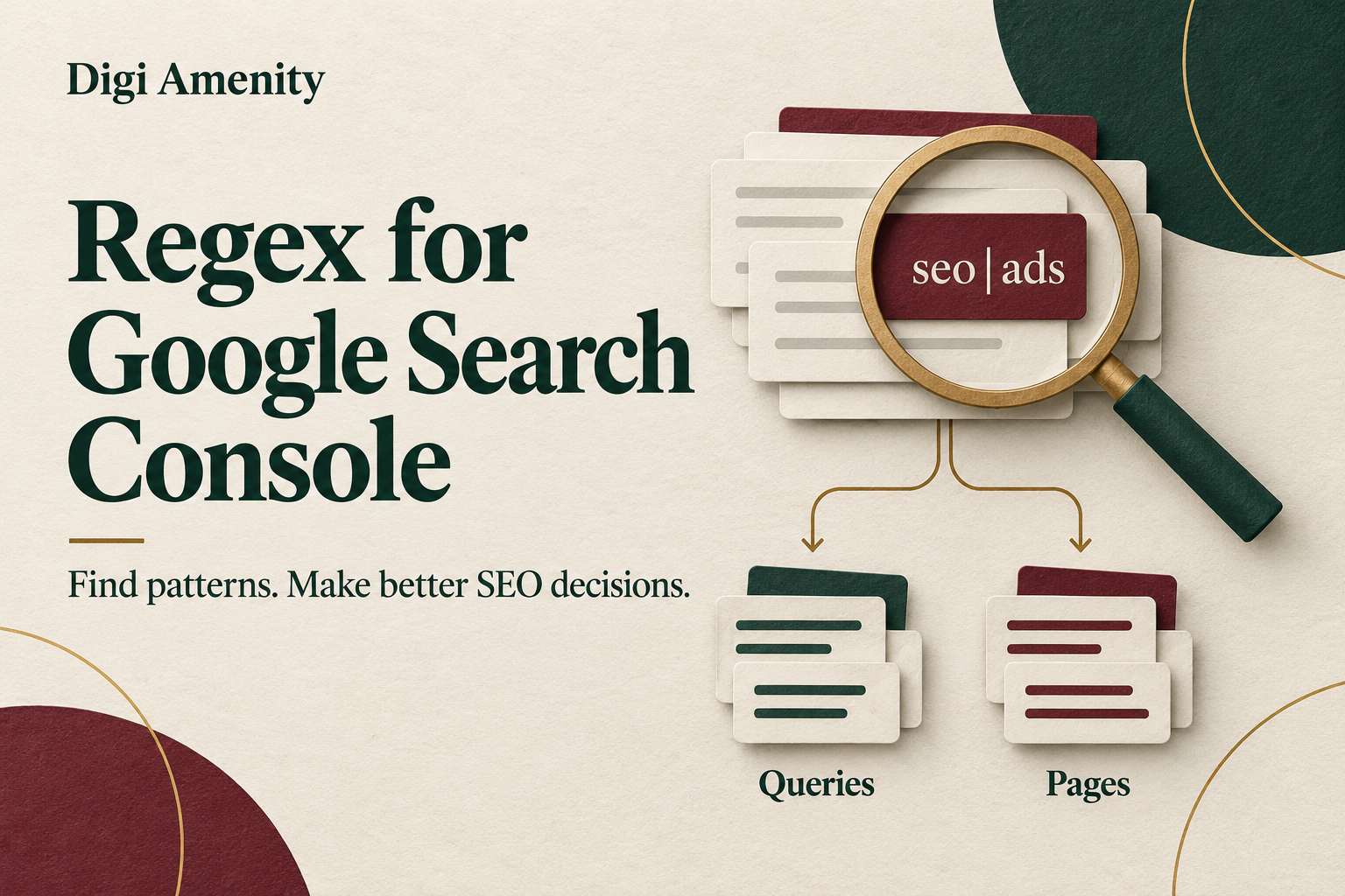 Magnifying glass over query cards with separate query and page groups, illustrating regex analysis in Google Search Console.