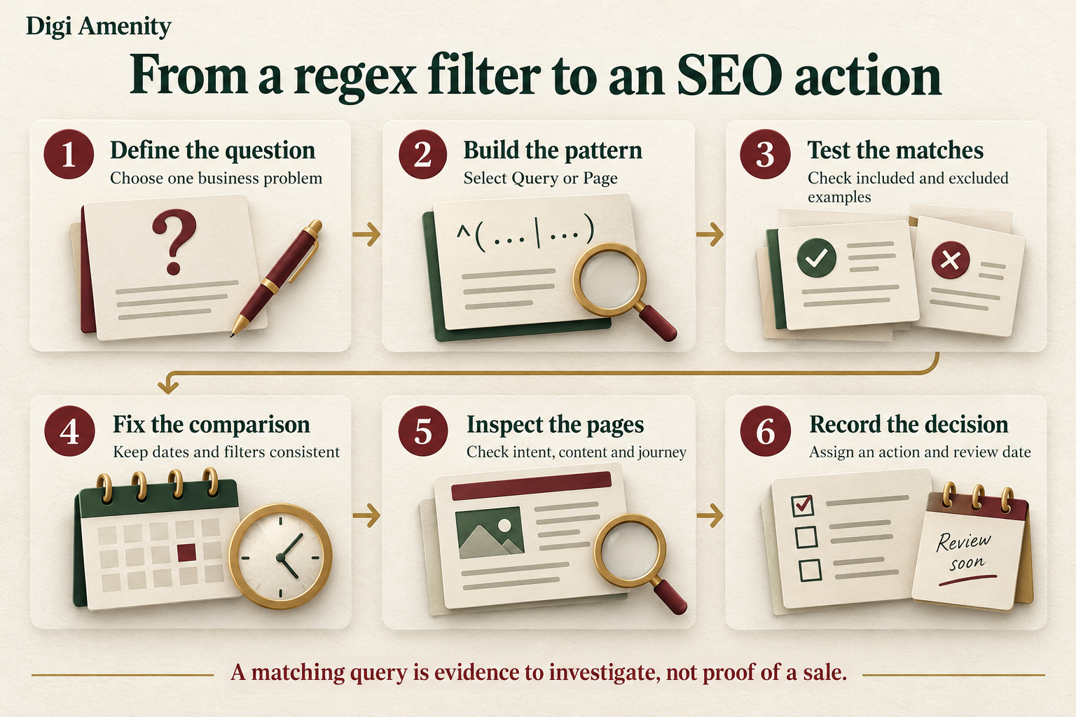 Six steps from defining a business question and testing a regex pattern to comparing consistent data, inspecting pages and recording an SEO action.