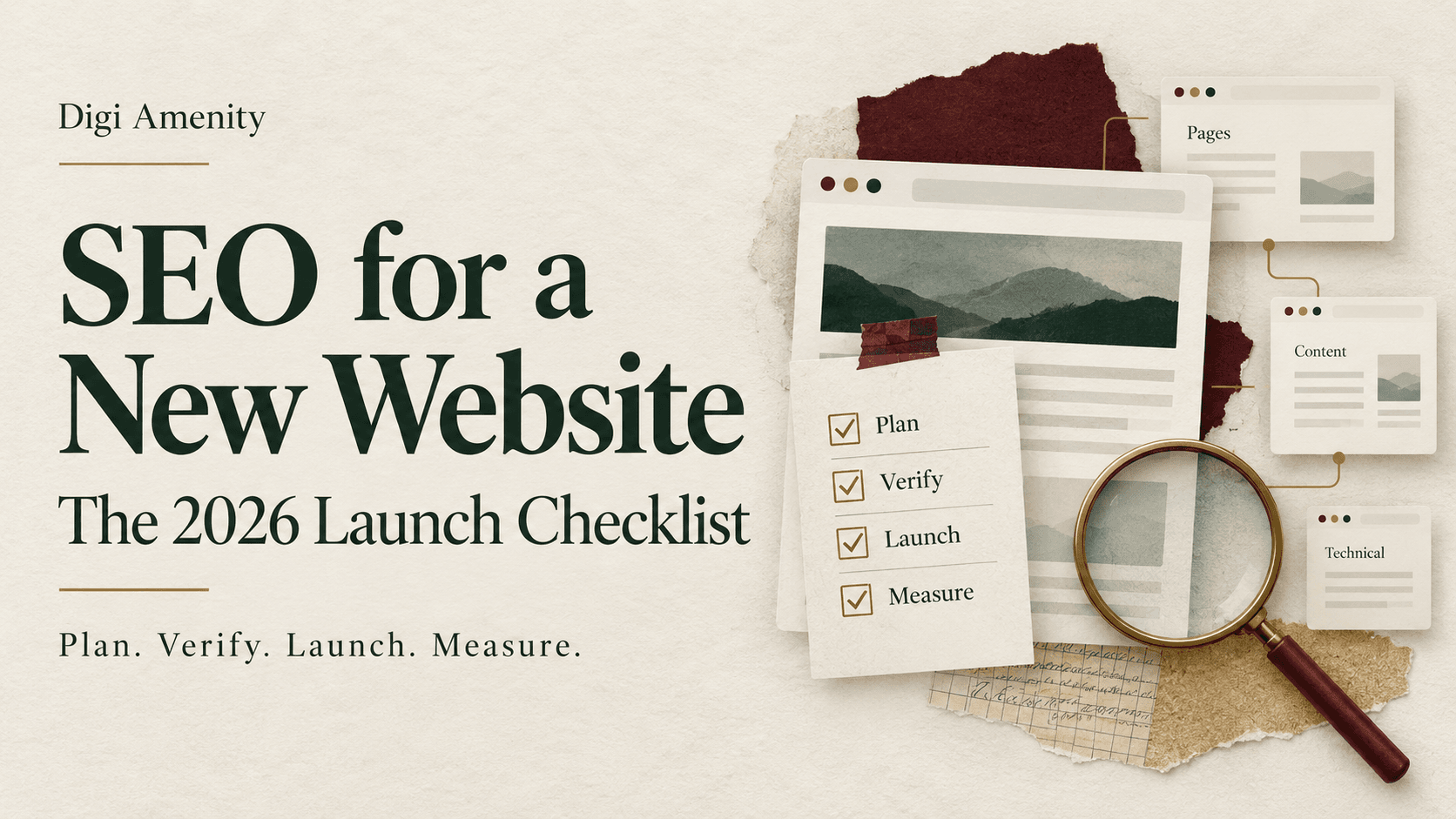 Digi Amenity SEO for a New Website cover with browser cards, a magnifying glass and a plan, verify, launch and measure checklist.