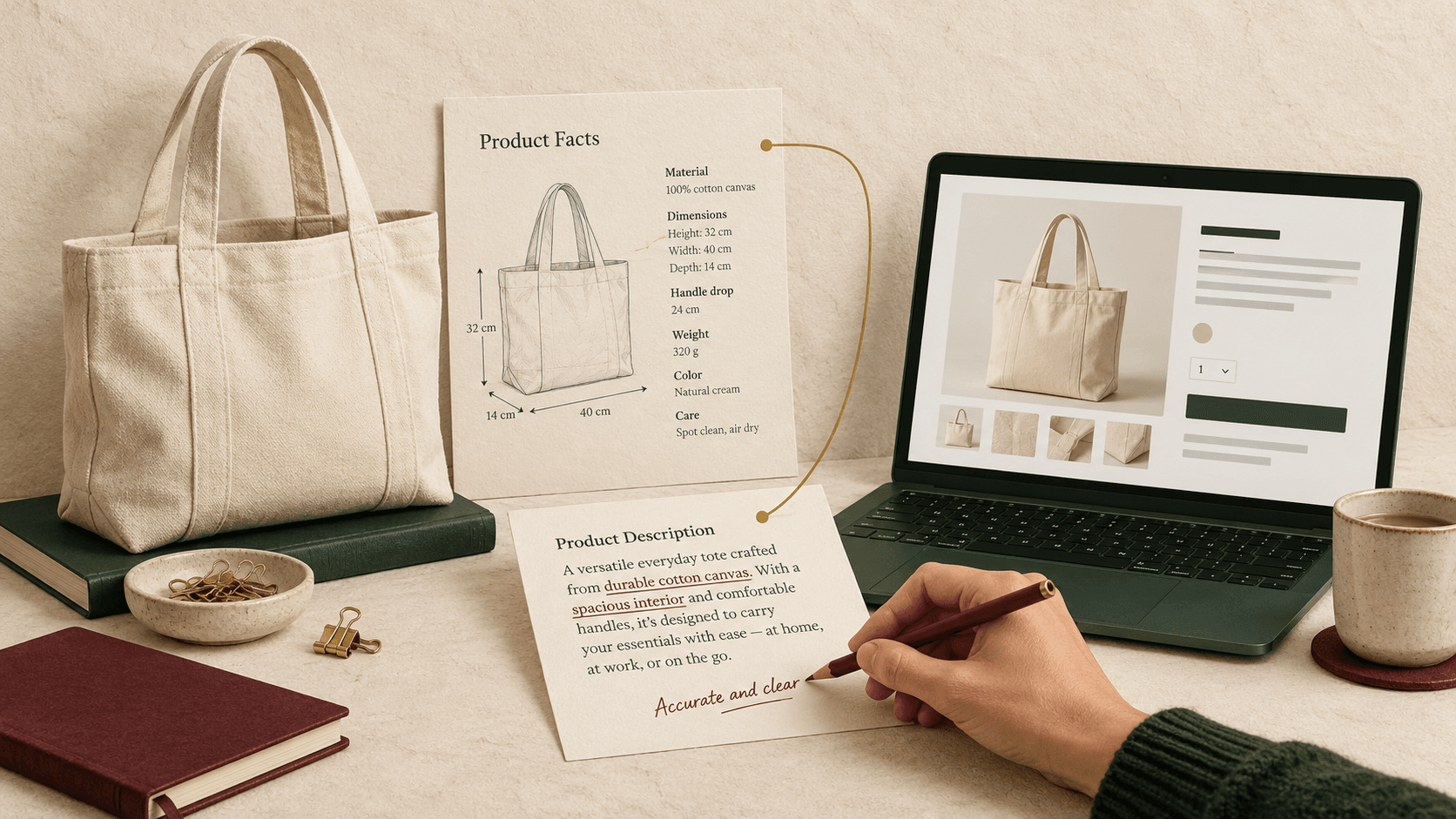 Hypothetical tote-bag product facts and a draft description being reviewed beside an ecommerce page.