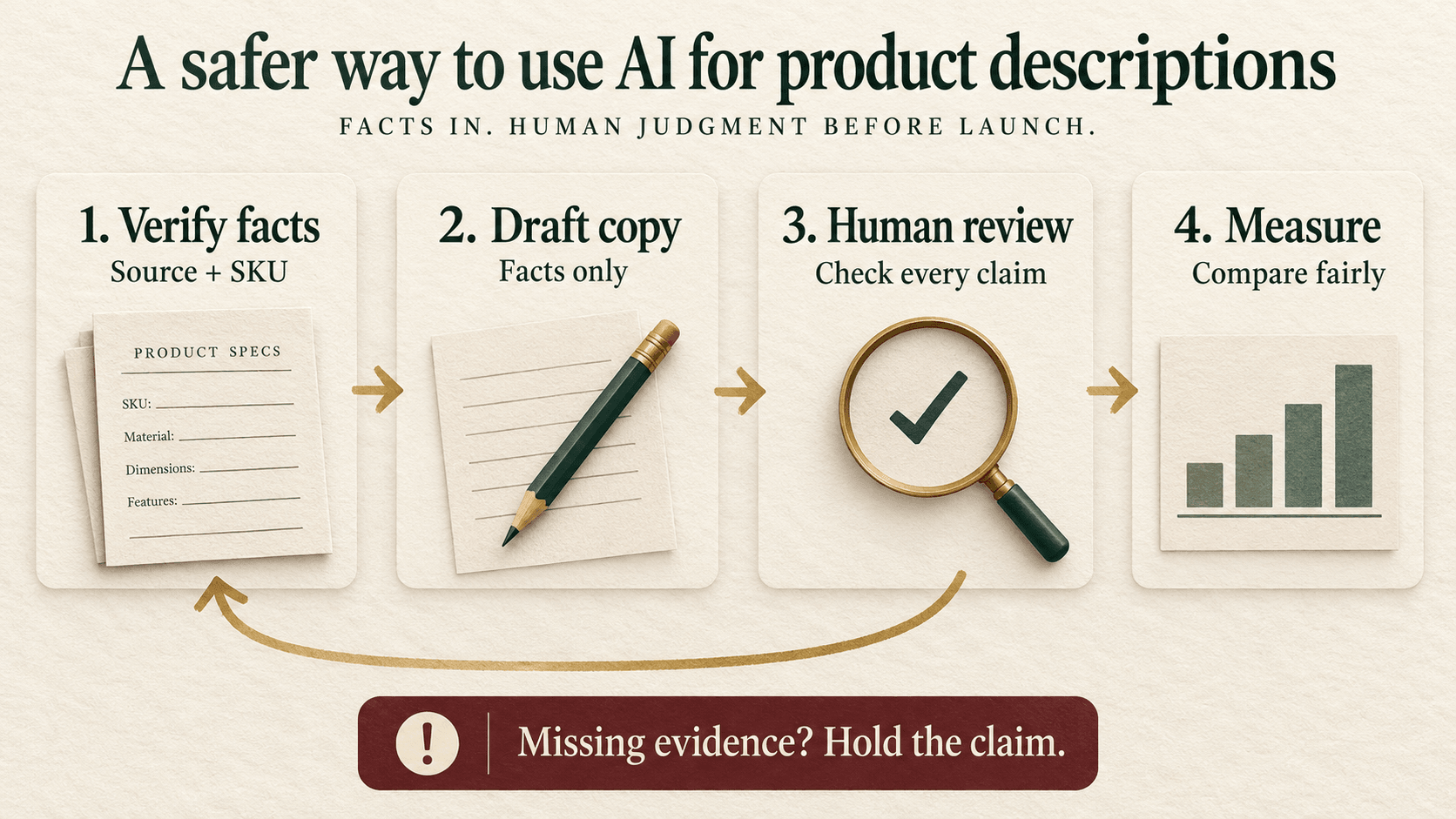 Four stages for AI product copy: verify facts, draft copy, human review and measurement, with missing evidence sent back for checking.