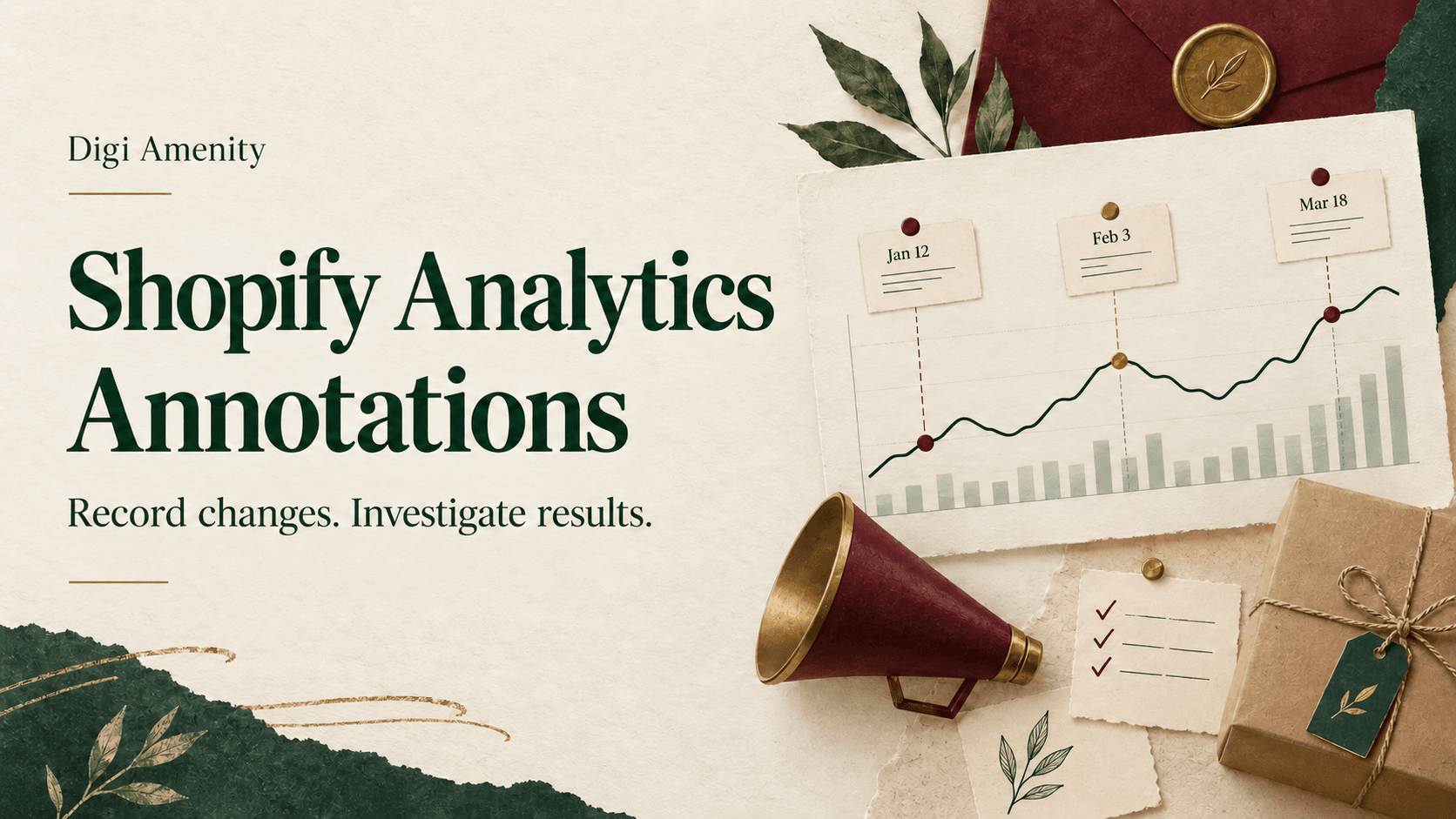 Shopify Analytics annotations illustrated with dated notes beside a conceptual chart, campaign megaphone and parcel.