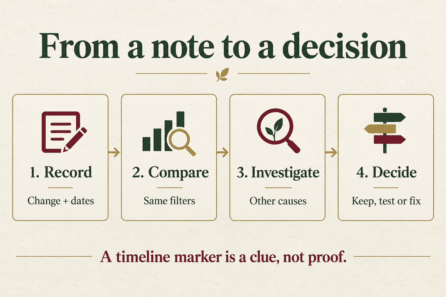 Four-step review: record changes and dates, compare with the same filters, investigate other causes, then keep, test or fix.