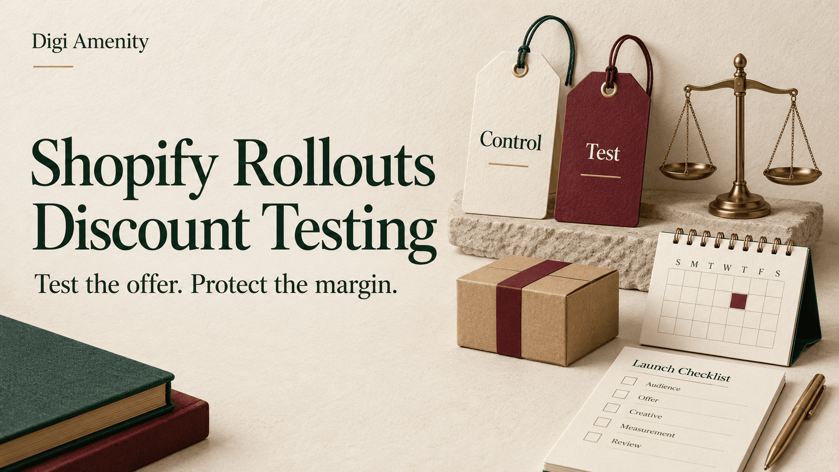 Shopify Rollouts discount-testing guide with control and test price tags, a balance scale, shopping parcel and launch checklist.