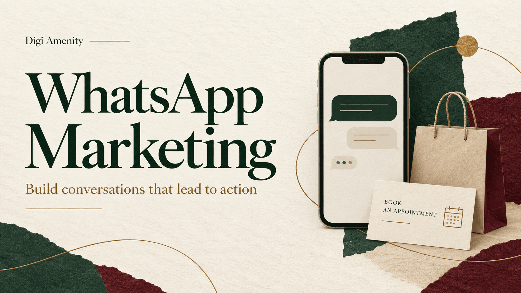 WhatsApp Marketing guide cover with a smartphone, conversation bubbles, shopping bag and appointment card.