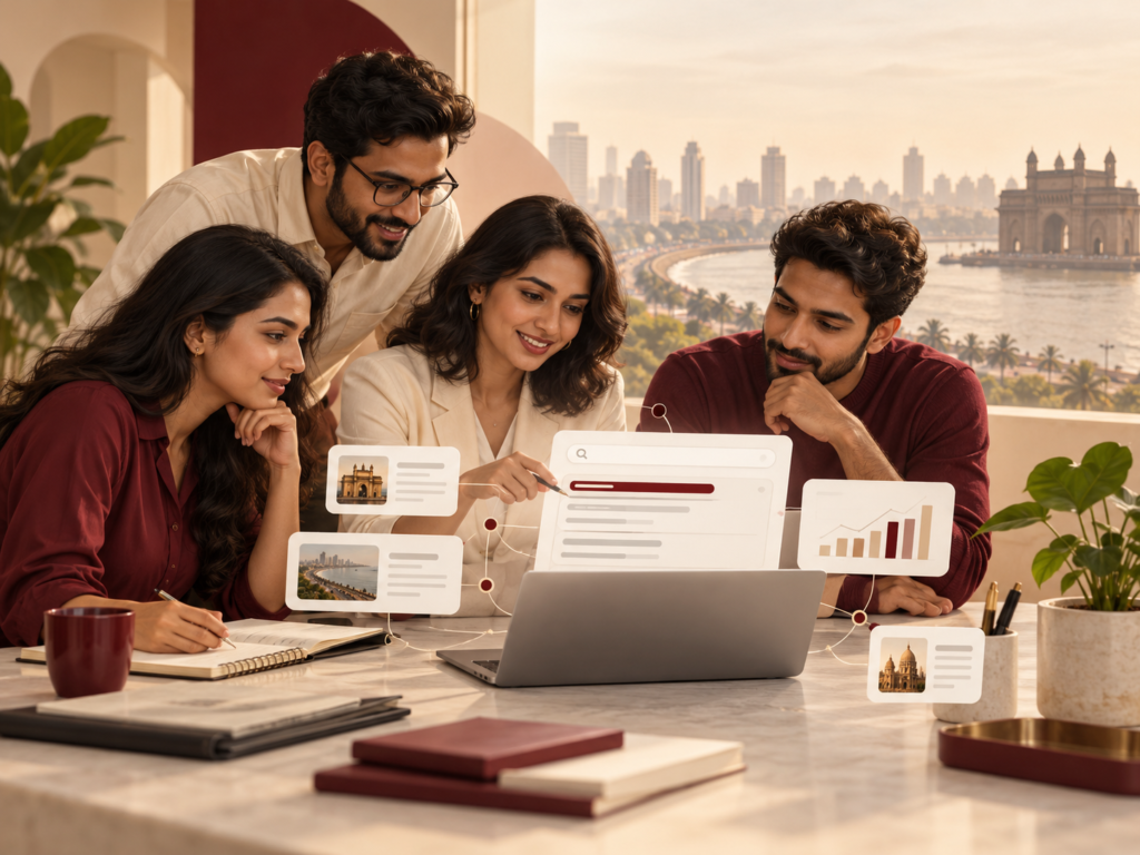 Illustration of a digital strategy team reviewing AI search visibility and analytics in Mumbai